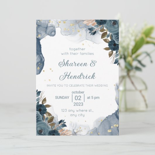 Weddenschap Uitnodigingsmarinealcohol Ink Floral B Kaart (Staand voorkant)