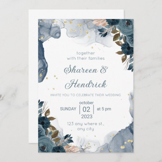 Weddenschap Uitnodigingsmarinealcohol Ink Floral B Kaart (Voorkant / Achterkant)