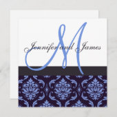 Weddenschap Uitnodigingsmonogram Navy Blue Damask Kaart (Voorkant / Achterkant)