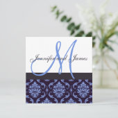 Weddenschap Uitnodigingsmonogram Navy Blue Damask Kaart (Staand voorkant)