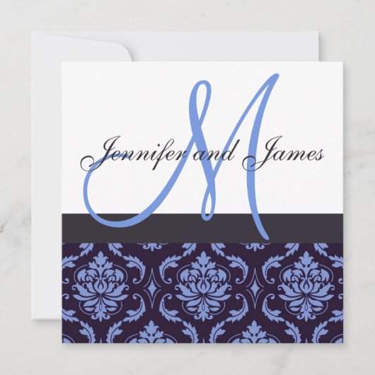 Weddenschap Uitnodigingsmonogram Navy Blue Damask Kaart (Voorkant)