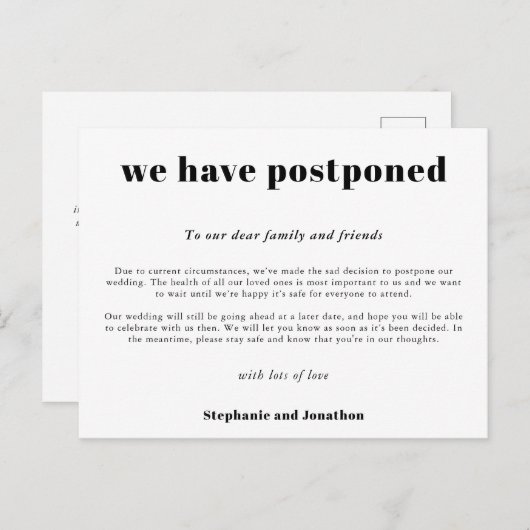 Weddenschap Uitstel Eenvoudig Typografisch Wit Aankondigingskaart (Voorkant / Achterkant)