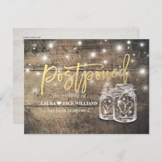 Weddenschap Uitstel Mason Jars String Lights Wood Aankondigingskaart (Voorkant / Achterkant)