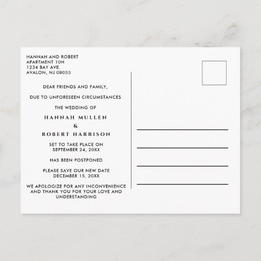 Weddenschap Uitstel nieuwe datum en hartlicht Aankondigingskaart (Achterkant)