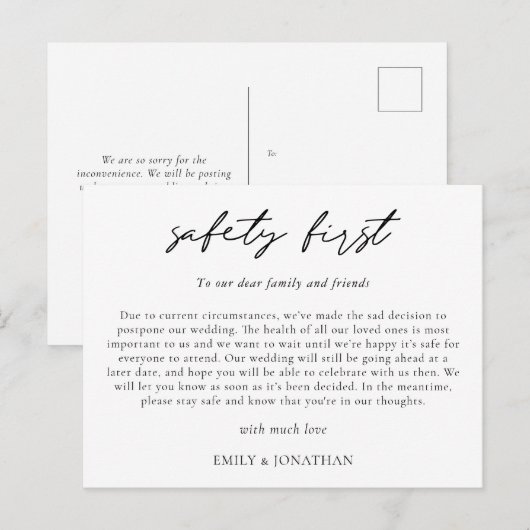 Weddenschap Uitstel Typografie Safety First COVID Aankondigingskaart (Voorkant / Achterkant)
