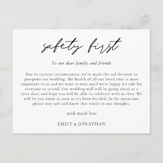 Weddenschap Uitstel Typografie Safety First COVID Aankondigingskaart (Voorkant)