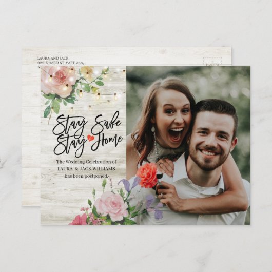 Weddenschap Uitstel Verblijf thuis en blijf veilig Aankondigingskaart (Voorkant / Achterkant)