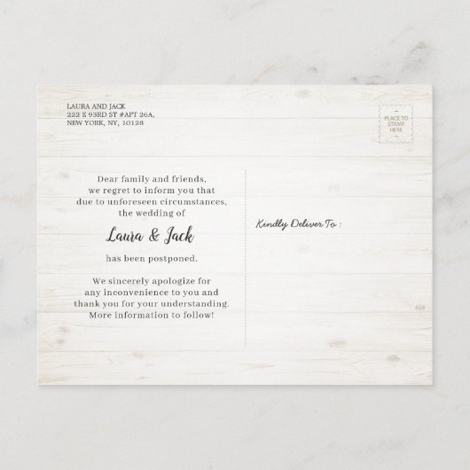 Weddenschap Uitstel Verblijf thuis en blijf veilig Aankondigingskaart (Achterkant)