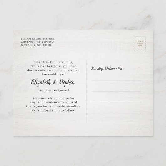 Weddenschap Uitstel Verblijf thuis Verblijf Veilig Aankondigingskaart (Achterkant)