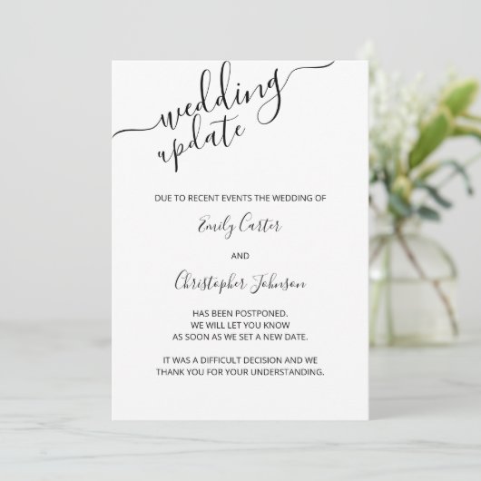 Weddenschap Update Elegant Script Postponement Car Save The Date (Staand voorkant)