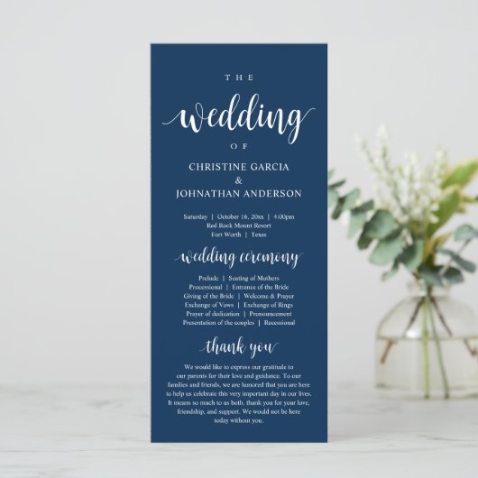 Weddenschap van, Modern Wedding Ceremonie, Navy Bl Programmakaart (Staand voorkant)