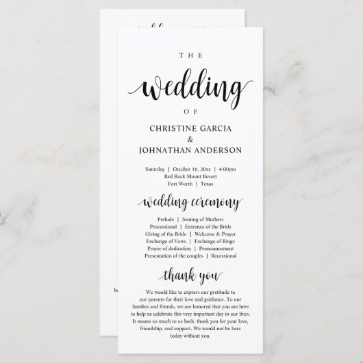 Weddenschap van, Modern Wedding Ceremonony Program Programmakaart (Voorkant / Achterkant)