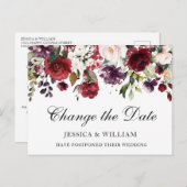 Weddenschap Verander de datum Burgundy Blush-Rozen Briefkaart (Voorkant / Achterkant)