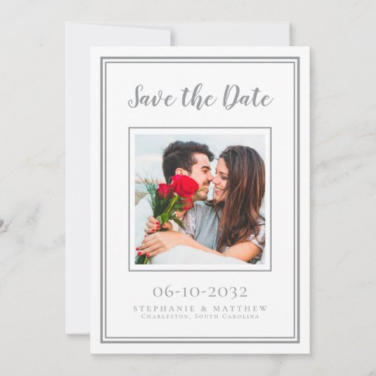 Weddenschap Verloving Paar Foto Modern White Grey Save The Date (Voorkant)