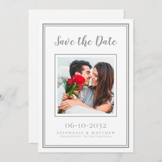 Weddenschap Verloving Paar Foto Modern White Grey Save The Date (Voorkant / Achterkant)