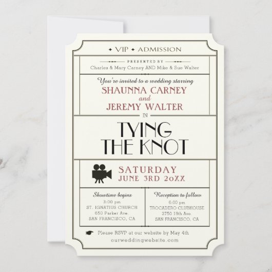 Weddenschap Vintage Ticket Invite/filmthema Kaart (Voorkant)