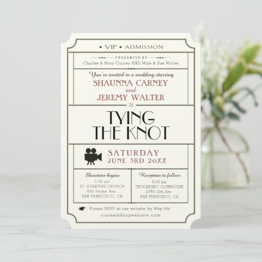 Weddenschap Vintage Ticket Invite/filmthema Kaart (Staand voorkant)