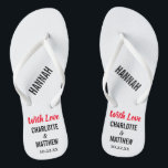 Weddenschap voor moderne typografie teenslippers<br><div class="desc">Deze moderne typografie-teenslippers zijn een leuke dankjewel voor elk paar dat hun bruiloft tijdens de zomer of een bruiloft op het strand heeft. Personaliseer met de namen van de bruid en van de bruidegom, trouwdatum, en de naam van uw bruidsmeisje, groomsman, of geëerde gast. U kunt het Met Liefde-bericht behouden...</div>
