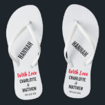Weddenschap voor moderne typografie teenslippers<br><div class="desc">Deze moderne typografie-teenslippers zijn een leuke dankjewel voor elk paar dat hun bruiloft tijdens de zomer of een bruiloft op het strand heeft. Personaliseer met de namen van de bruid en van de bruidegom, trouwdatum, en de naam van uw bruidsmeisje, groomsman, of geëerde gast. U kunt het Met Liefde-bericht behouden...</div>