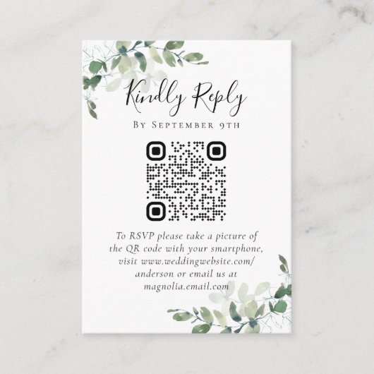 Weddenschap Website QR Code Foto Eucalyptus RSVP Informatiekaartje (Voorkant)