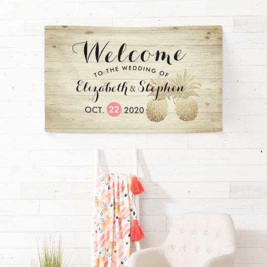 Weddenschap Welkome gouden ananas Paars Rustic Woo Spandoek (Insitu)
