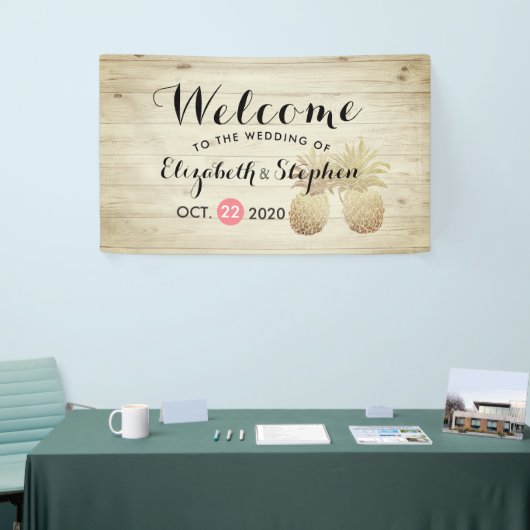 Weddenschap Welkome gouden ananas Paars Rustic Woo Spandoek (Beurs)
