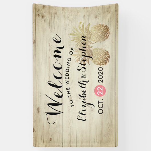 Weddenschap Welkome gouden ananas Paars Rustic Woo Spandoek (Verticaal)