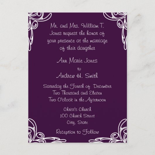 Weddenschap White Corners Swirl op Plum Uitnodiging Briefkaart (Voorkant)