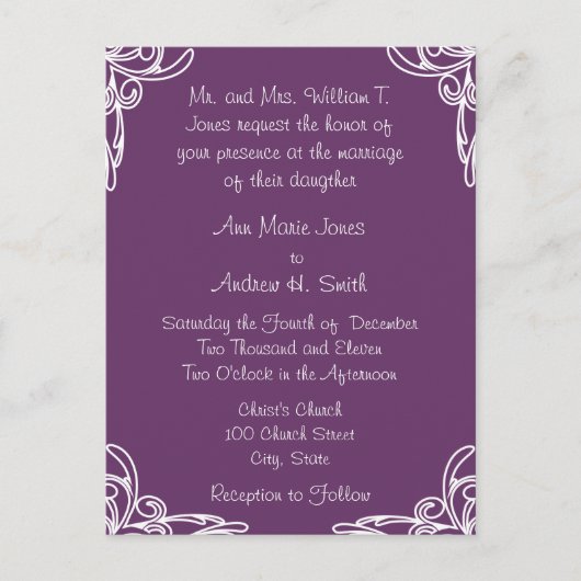 Weddenschap White Corners Swirl op Plum Uitnodiging Briefkaart (Voorkant)