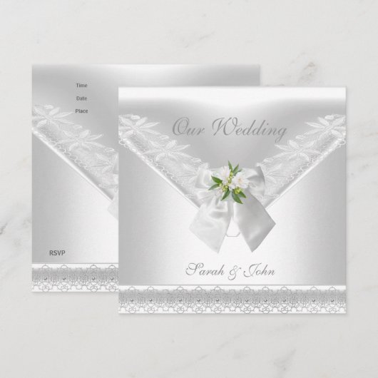 Weddenschap White Invitation White Bow Floral lace Kaart (Voorkant / Achterkant)