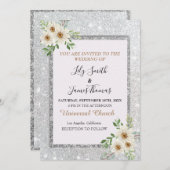 Weddenschap-White Silver Floral Uitnodiging (Voorkant / Achterkant)