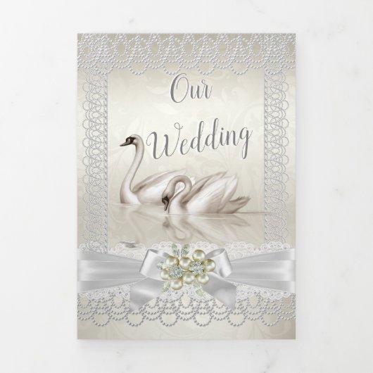 Weddenschap White Swans Cream Pearl Lace Damask 3 Drieluik Uitnodiging (Cover)