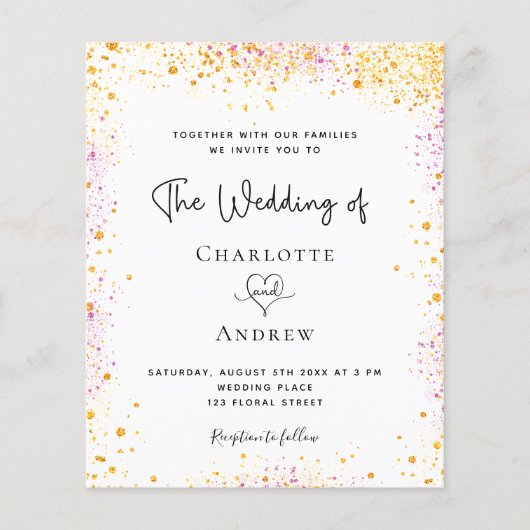 Weddenschap wit goud roze glitter budget uitnodigi flyer (Voorkant)