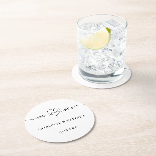 Weddenschap wit, mrs hartscript ronde kartonnen onderzetter (Insitu)