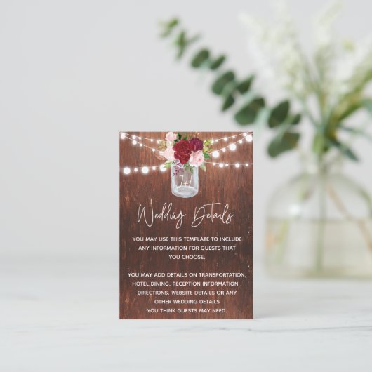 Weddenschap Wood Mason Jar Burgundy - Begroting Visitekaartje (Staand voorkant)