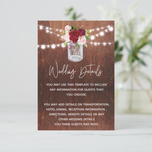 Weddenschap Wood Mason Jar Burgundy - Gegevens Informatiekaartje (Staand voorkant)
