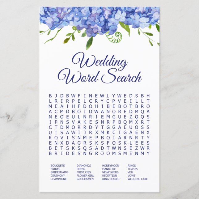 Weddenschap Word Search Blue Hydrangeas (Voorkant)