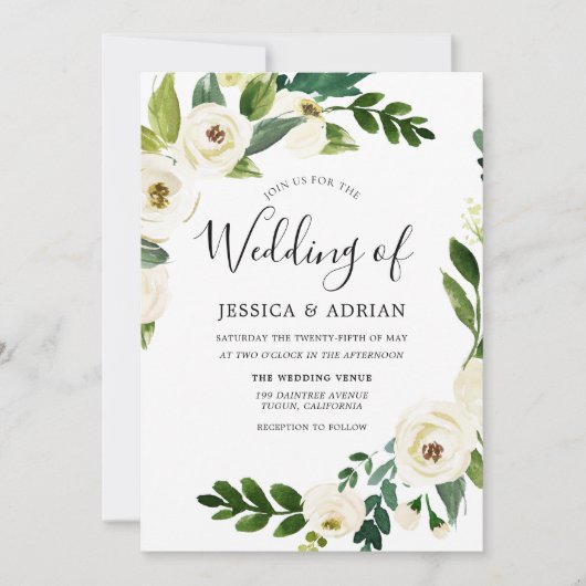 Weddenschap Wreath White Flower Green Leaf Invite Kaart (Voorkant)