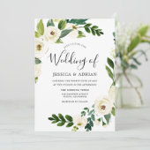 Weddenschap Wreath White Flower Green Leaf Invite Kaart (Staand voorkant)