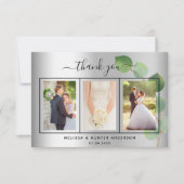 Weddenschap zilveren eucalyptusfotoscript elegant bedankkaart (Voorkant)