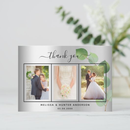 Weddenschap zilveren eucalyptusfotoscript elegant bedankkaart (Staand voorkant)