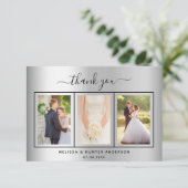 Weddenschap zilveren fotoscript elegant modern bedankkaart (Staand voorkant)