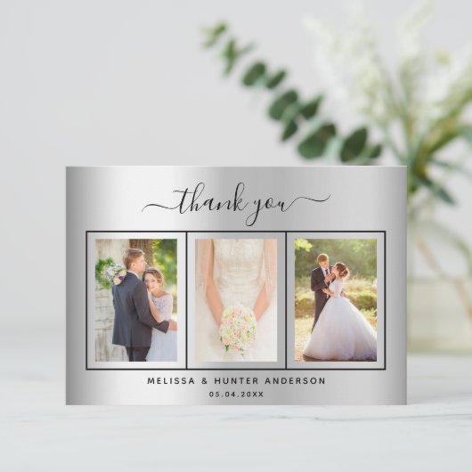 Weddenschap zilveren fotoscript elegant modern bedankkaart (Staand voorkant)
