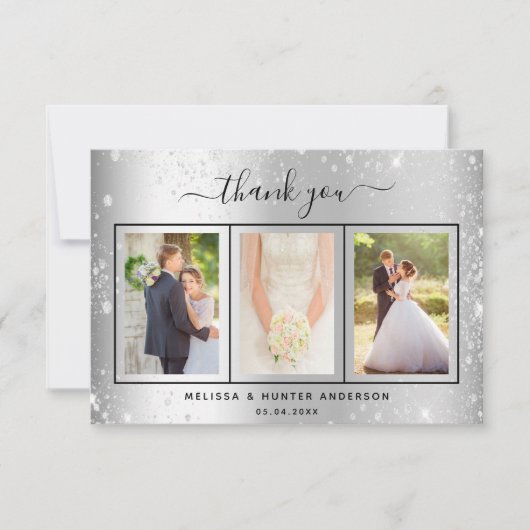Weddenschap zilveren glitter sparkles fotoscript bedankkaart (Voorkant)