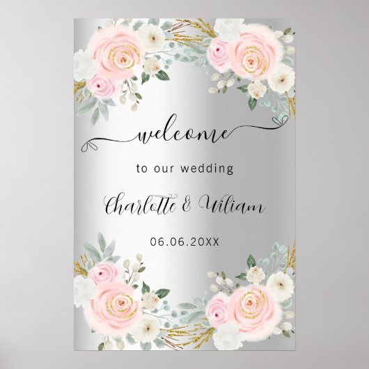 Weddenschap zilverroze bloemen, welkom poster (Voorkant)