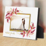 Weddenschap zonder foto's Tabletop Easel Terug Fotoplaat<br><div class="desc">De plaatjes van de tablet voorzien van een ingebouwd uiteinde zijn voorzien van uw favoriete foto voorzien van prachtige waterverf rode en gouden bladeren en stippen. Geweldig als geschenk of om je favoriete foto in je eigen huis weer te geven. Uw afbeelding kleuren worden direct op het hardboard paneel geplaatst...</div>