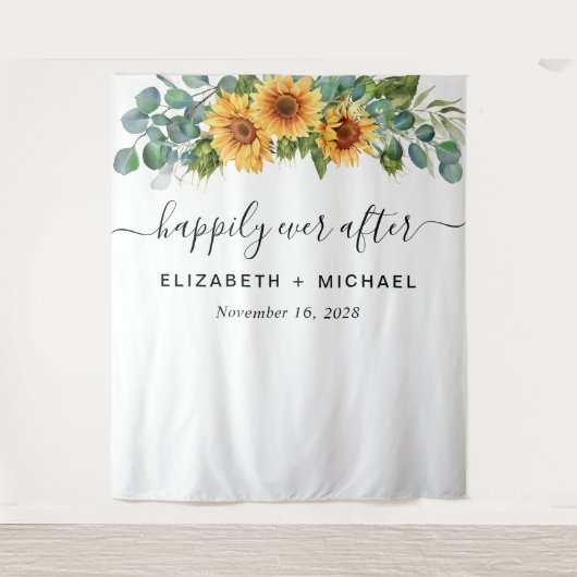 Weddenschap Zonnebloem Eucalyptus Foto Booth Wandkleed (Voorkant)