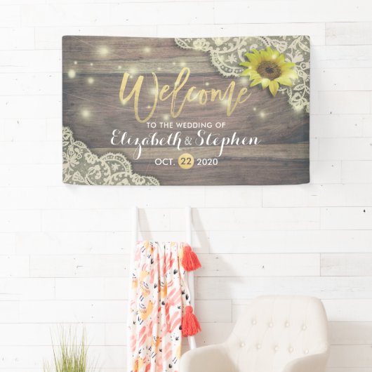 Weddenschap Zonnebloem Rustic Wood & String Lights Spandoek (Insitu)