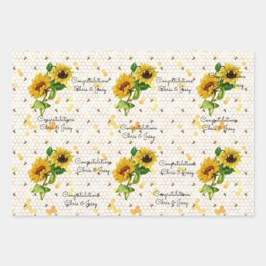 Weddenschap Zonnebloemen en bijen Namen 3 Gift toe Inpakpapier Vel (Voorkant)