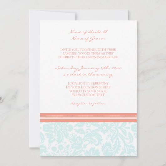 Weddenschappen Aqua Coral Damask Pattern Kaart (Achterkant)